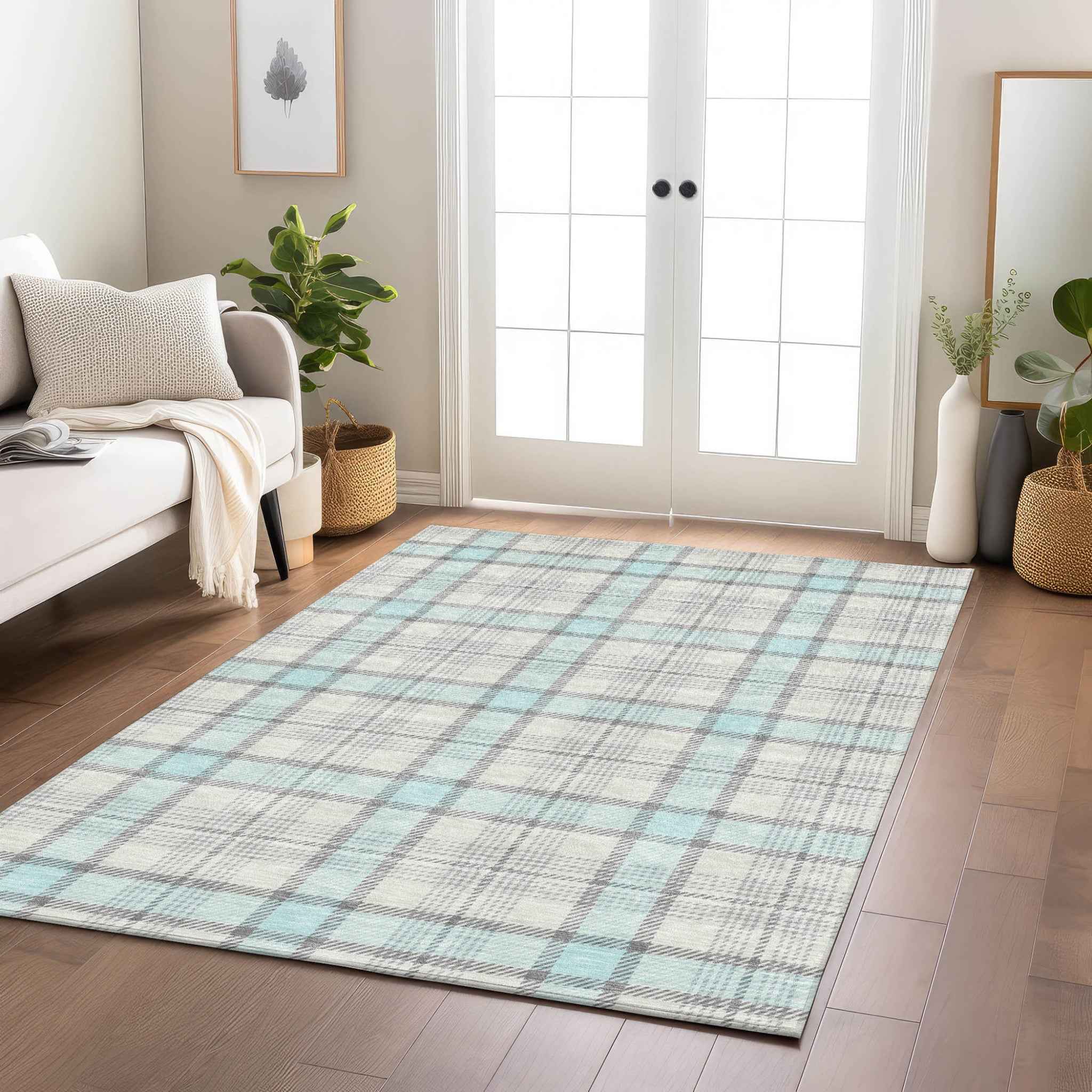 3' X 5' Sky Blue And Gray Plaid Washable Indoor Outdoor Area Rug
