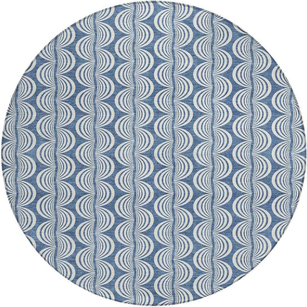 8' Denim Blue And Ivory Round Ogee Washable Indoor Outdoor Area Rug