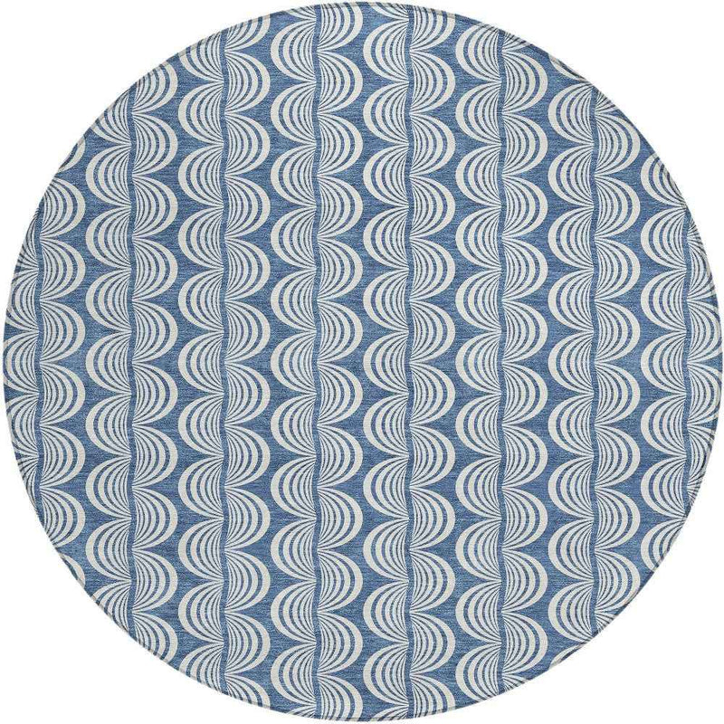 8' Denim Blue And Ivory Round Ogee Washable Indoor Outdoor Area Rug