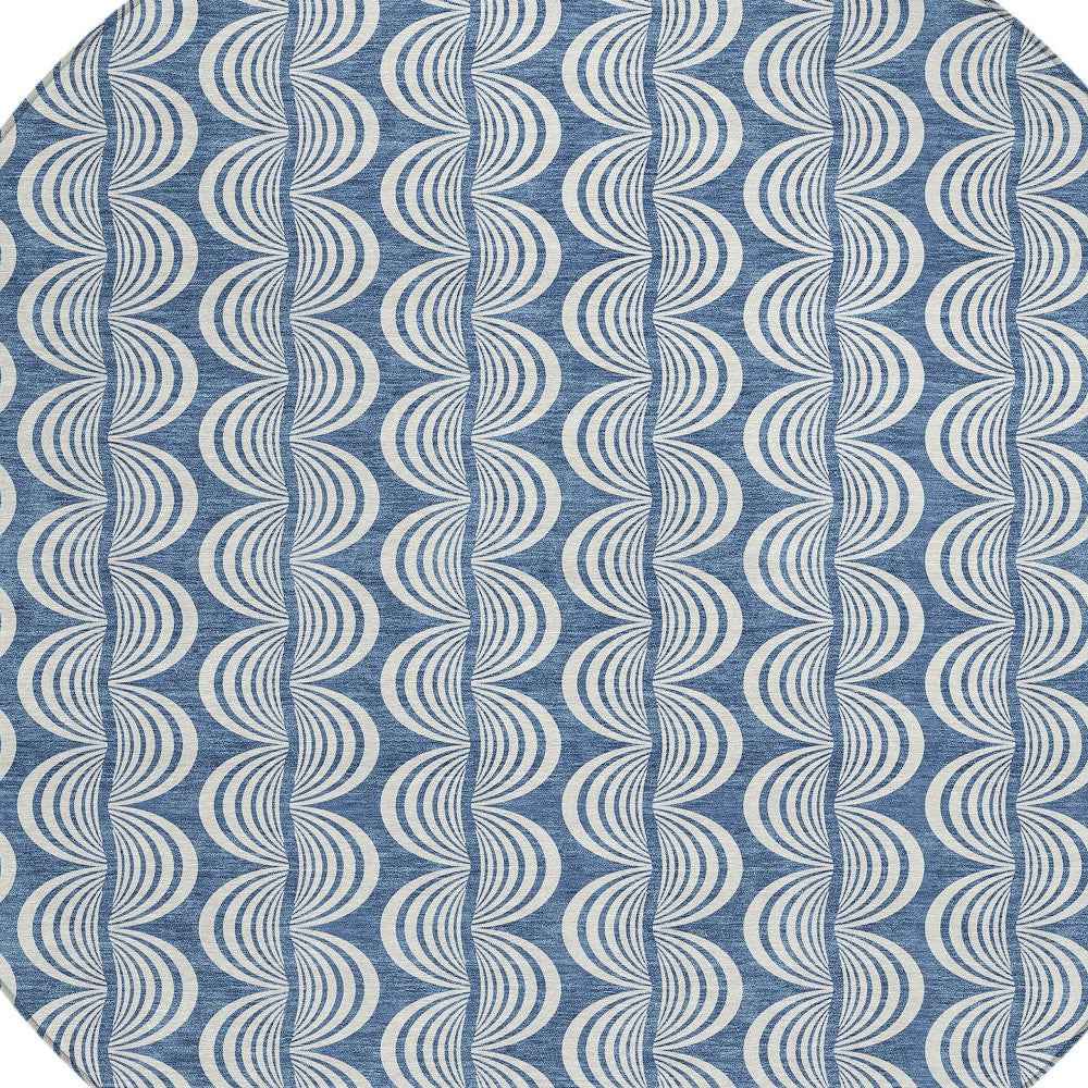 8' Denim Blue And Ivory Round Ogee Washable Indoor Outdoor Area Rug