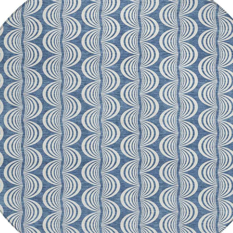 8' Denim Blue And Ivory Round Ogee Washable Indoor Outdoor Area Rug