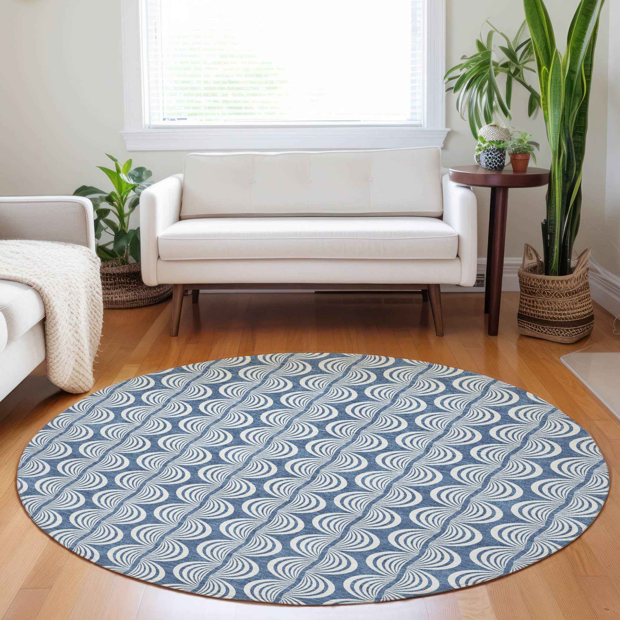 8' Denim Blue And Ivory Round Ogee Washable Indoor Outdoor Area Rug
