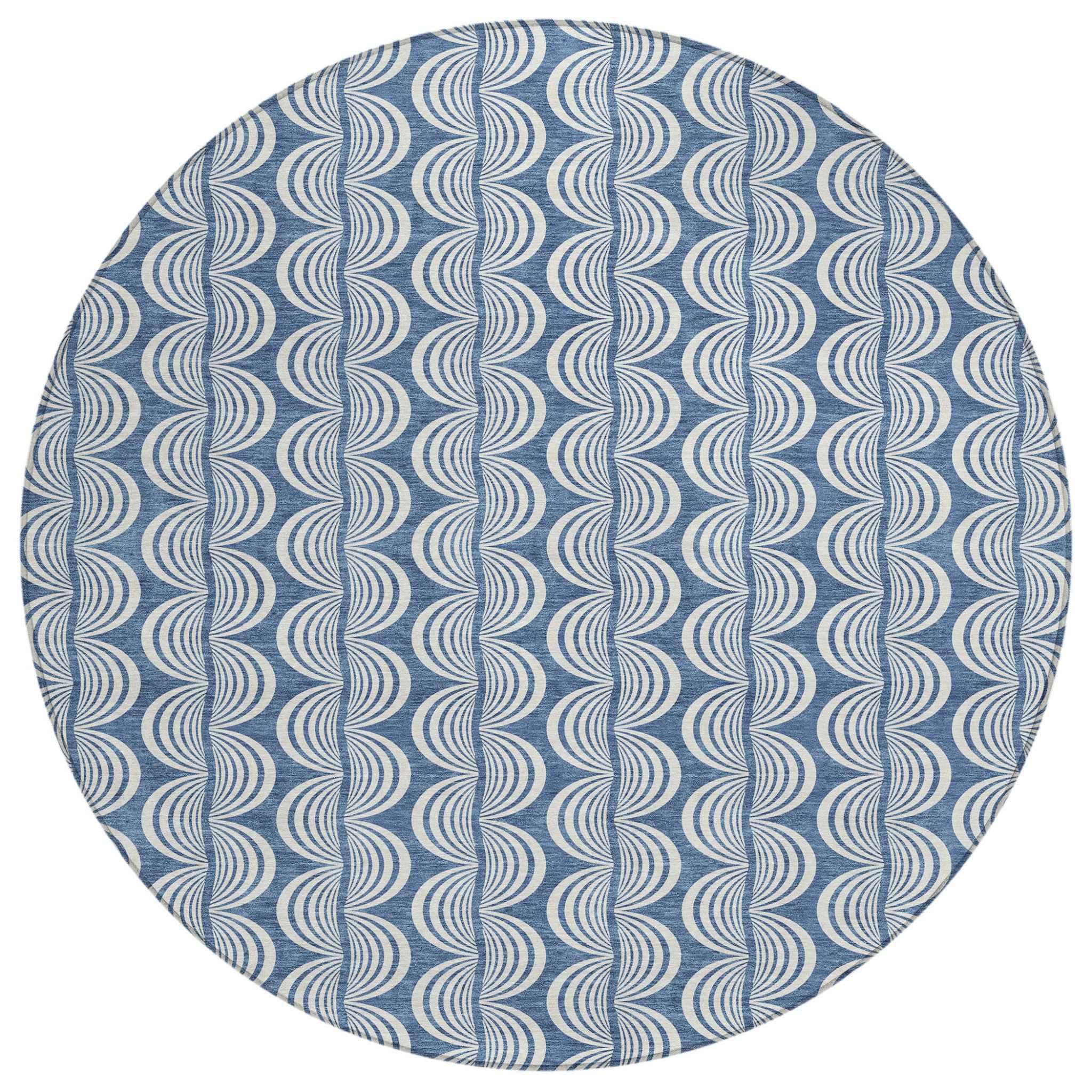 8' Denim Blue And Ivory Round Ogee Washable Indoor Outdoor Area Rug