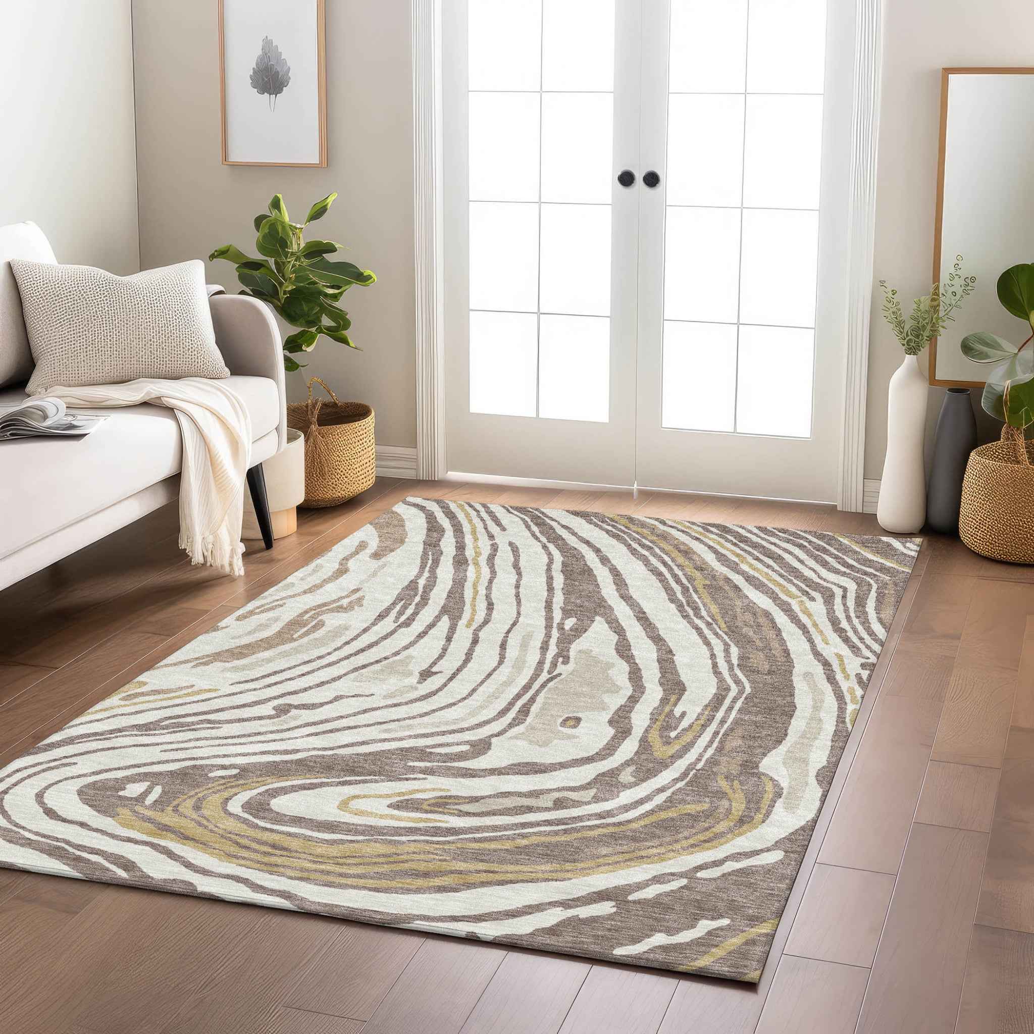 5' X 8' Taupe Brown And Beige Abstract Washable Indoor Outdoor Area Rug