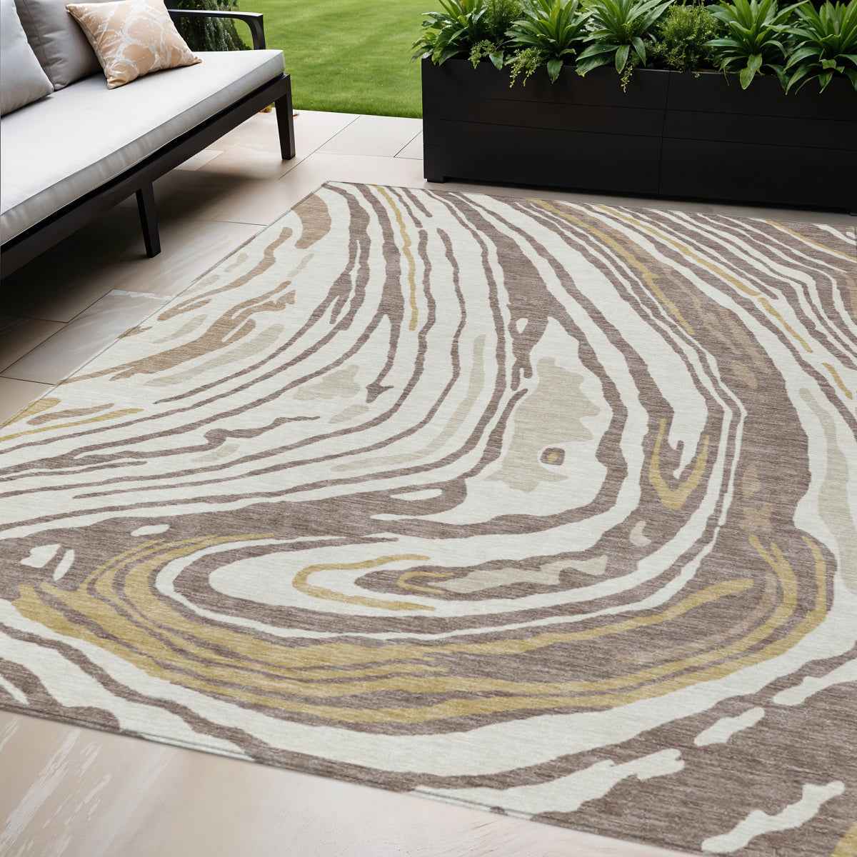 5' X 8' Taupe Brown And Beige Abstract Washable Indoor Outdoor Area Rug