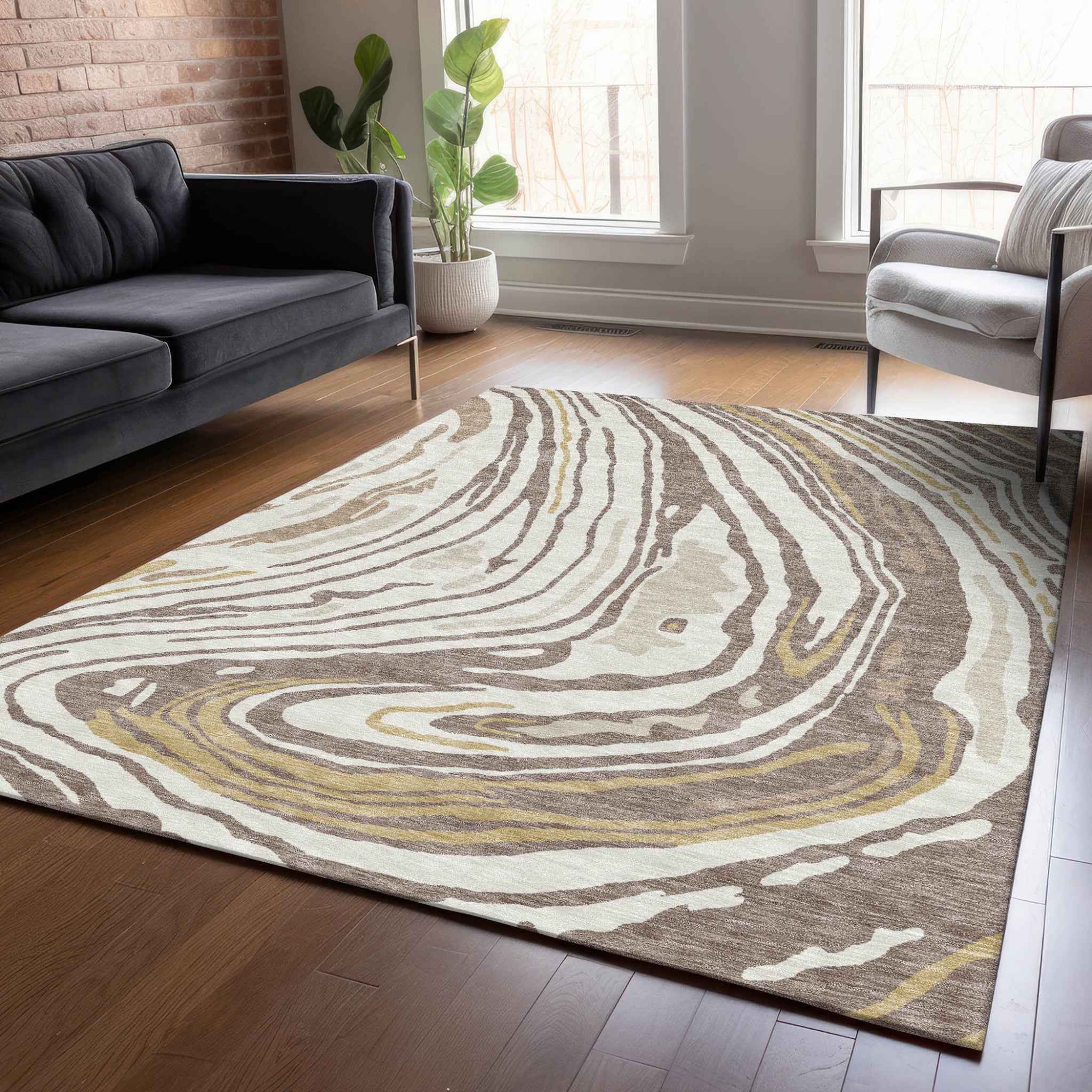 5' X 8' Taupe Brown And Beige Abstract Washable Indoor Outdoor Area Rug