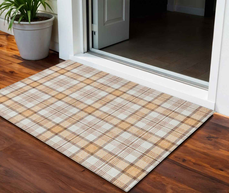 3' X 5' Peach And Beige Plaid Washable Indoor Outdoor Area Rug