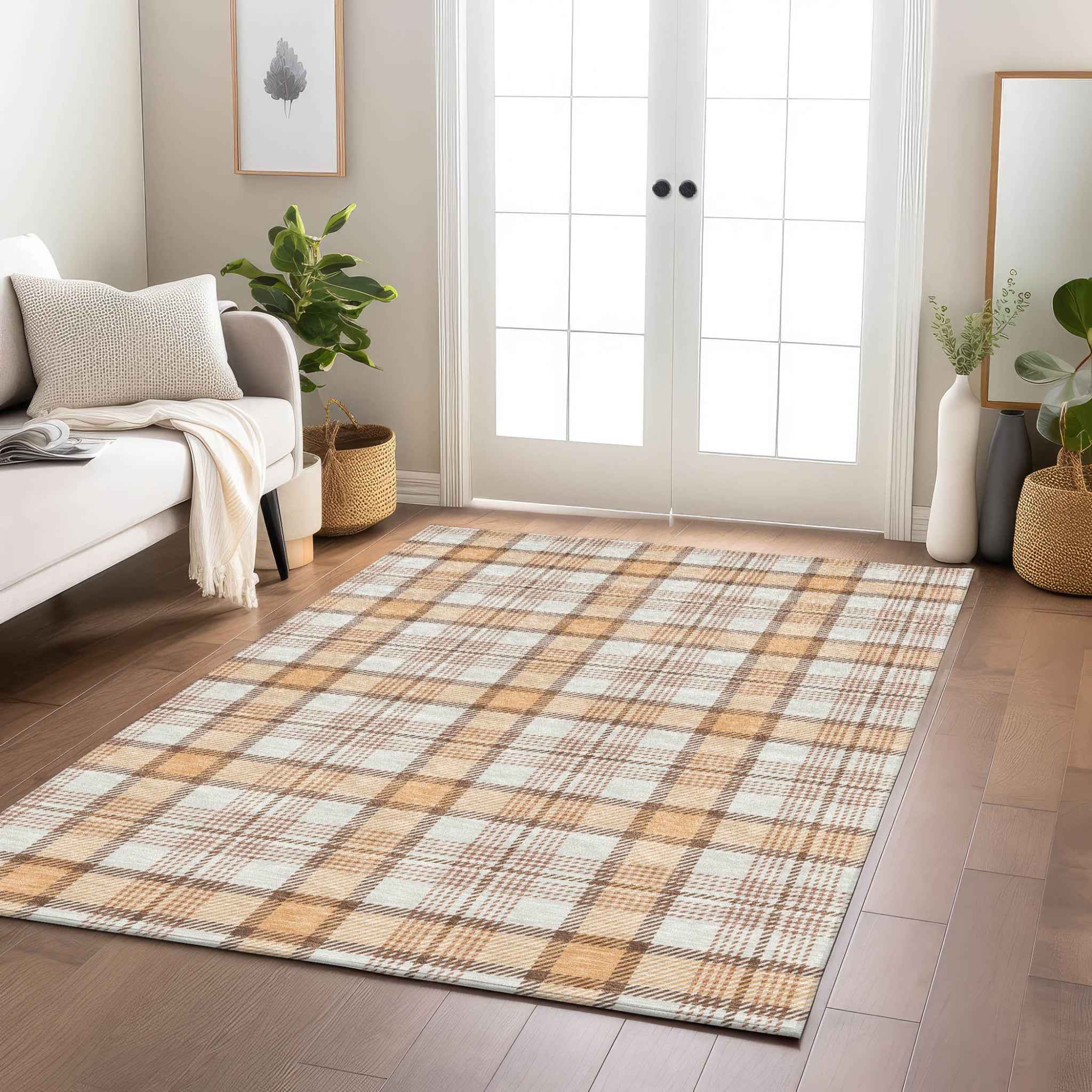 3' X 5' Peach And Beige Plaid Washable Indoor Outdoor Area Rug
