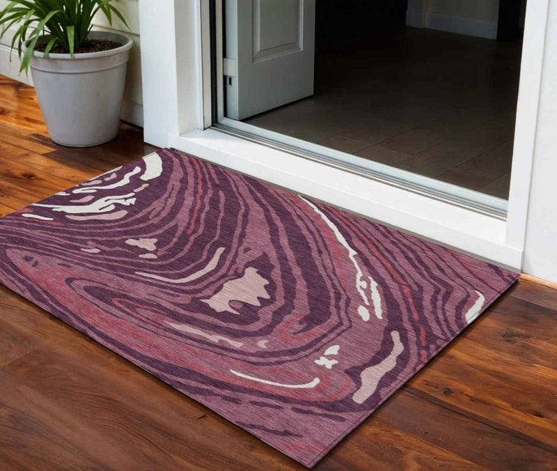 3' X 5' Burgundy Brick Red And Ivory Abstract Washable Indoor Outdoor Area Rug