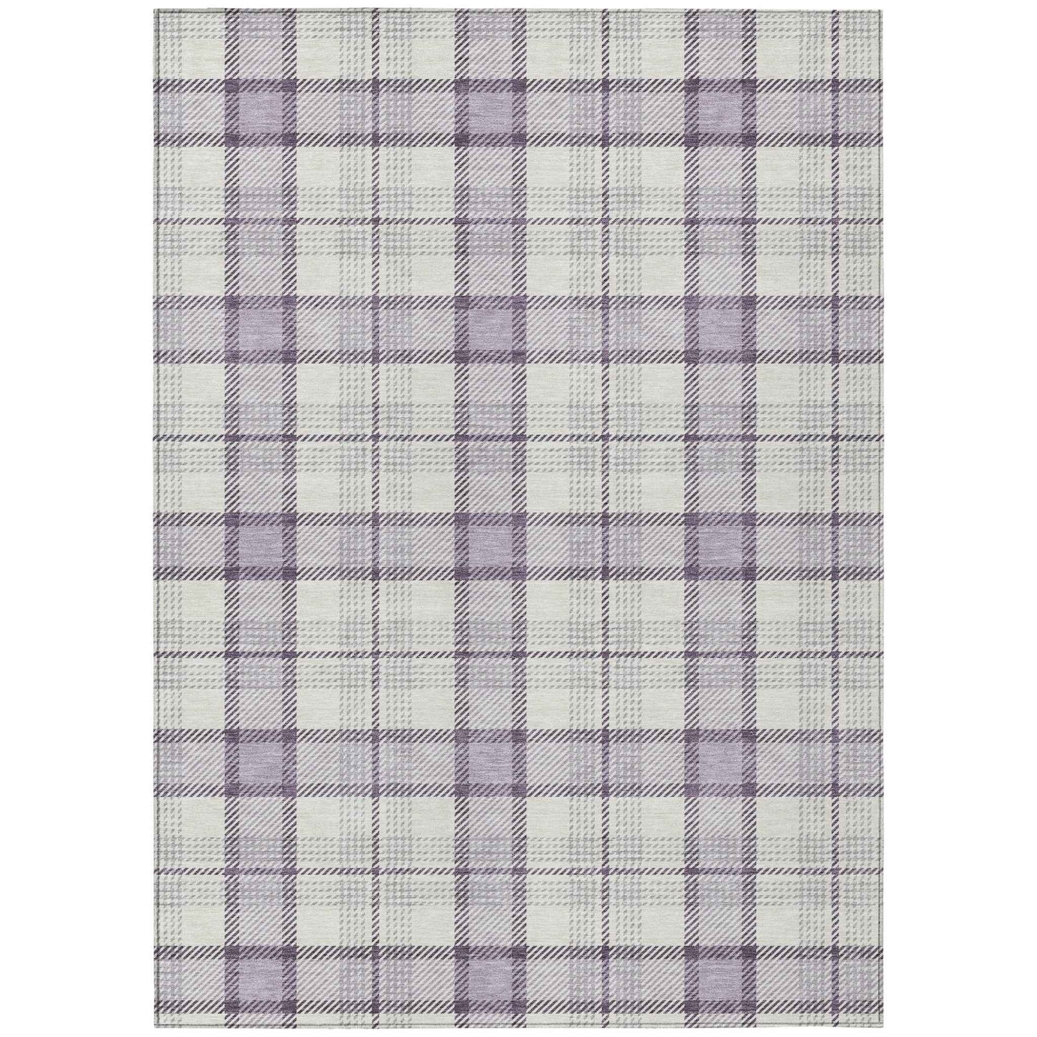 9' X 12' Lavender Purple And Gray Plaid Washable Indoor Outdoor Area Rug