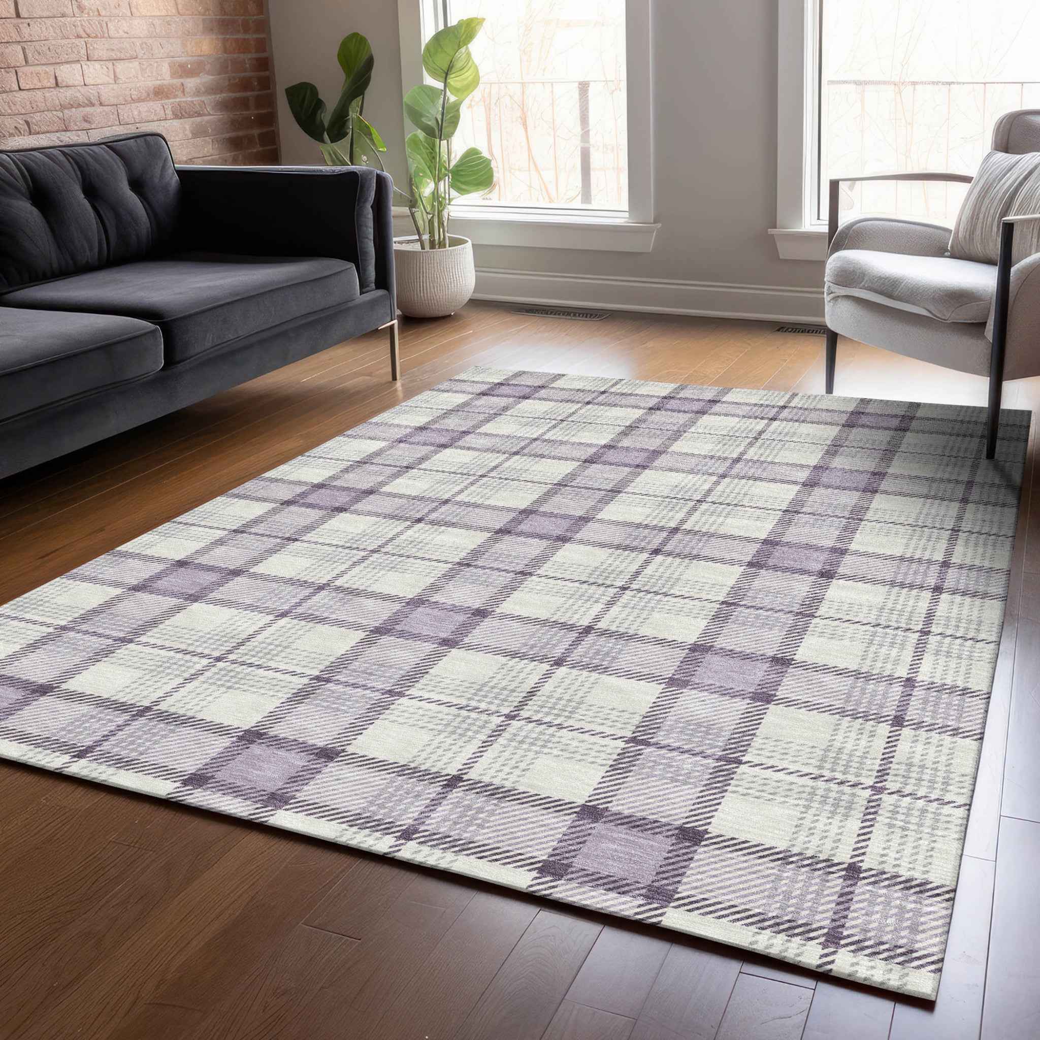 9' X 12' Lavender Purple And Gray Plaid Washable Indoor Outdoor Area Rug