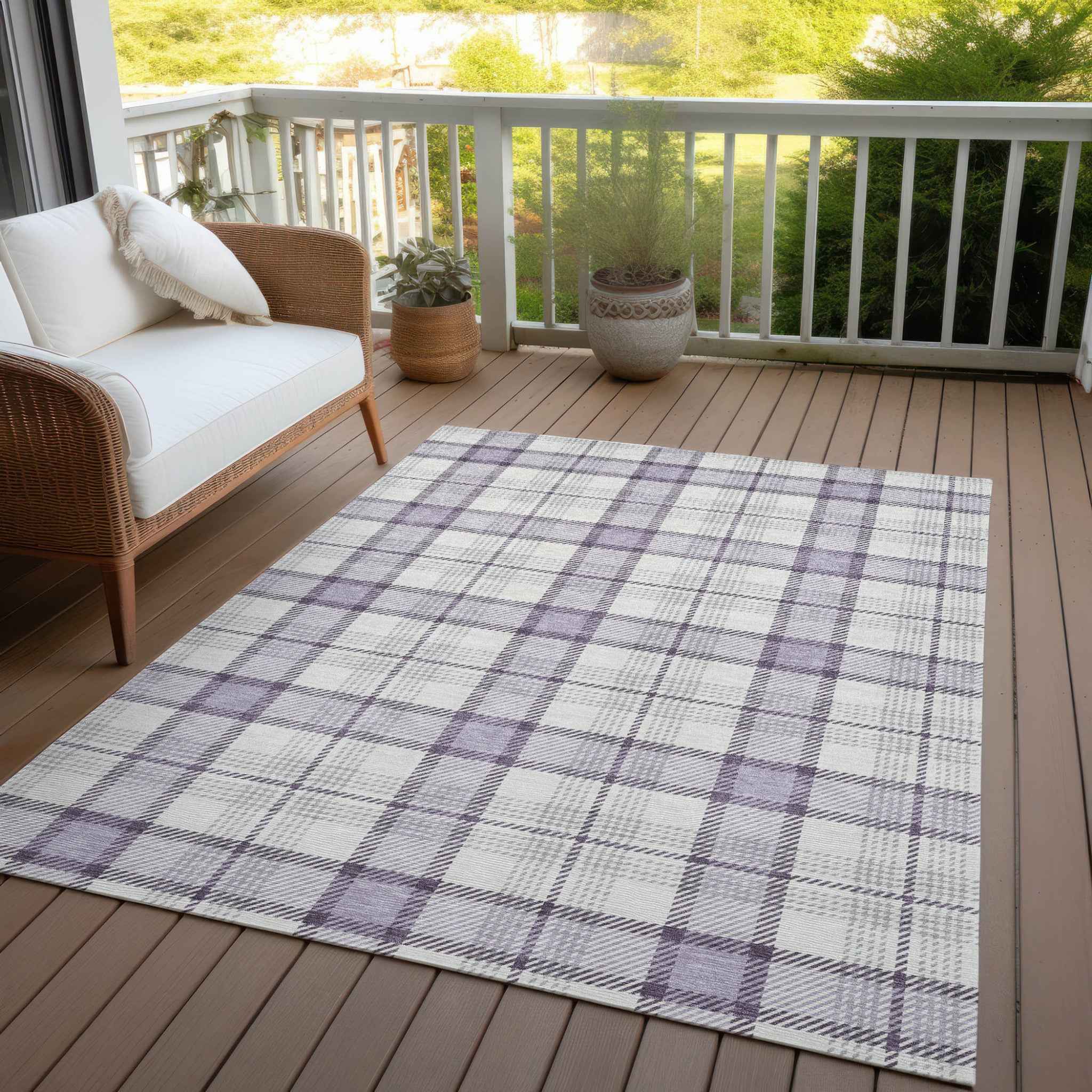 9' X 12' Lavender Purple And Gray Plaid Washable Indoor Outdoor Area Rug