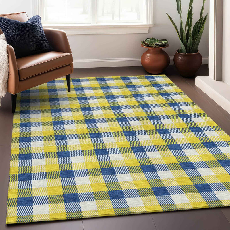 3' X 5' Yellow Blue And Beige Plaid Washable Indoor Outdoor Area Rug