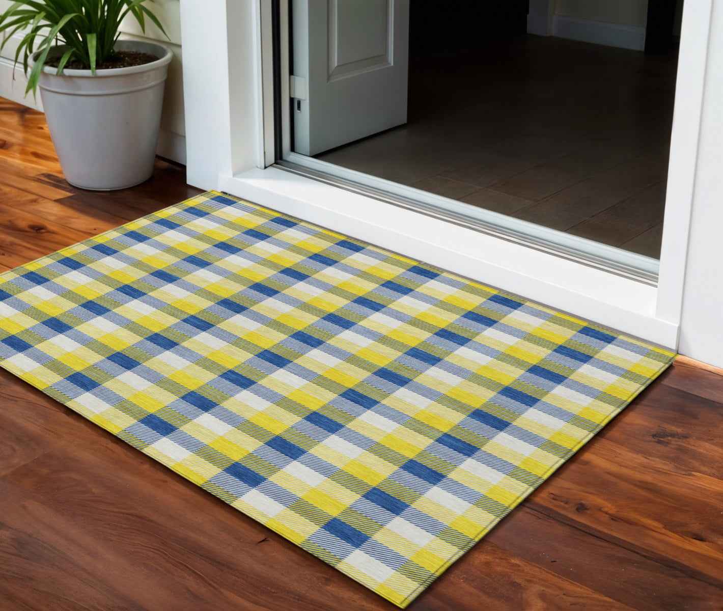3' X 5' Yellow Blue And Beige Plaid Washable Indoor Outdoor Area Rug