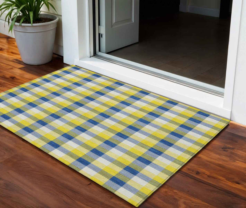 3' X 5' Yellow Blue And Beige Plaid Washable Indoor Outdoor Area Rug