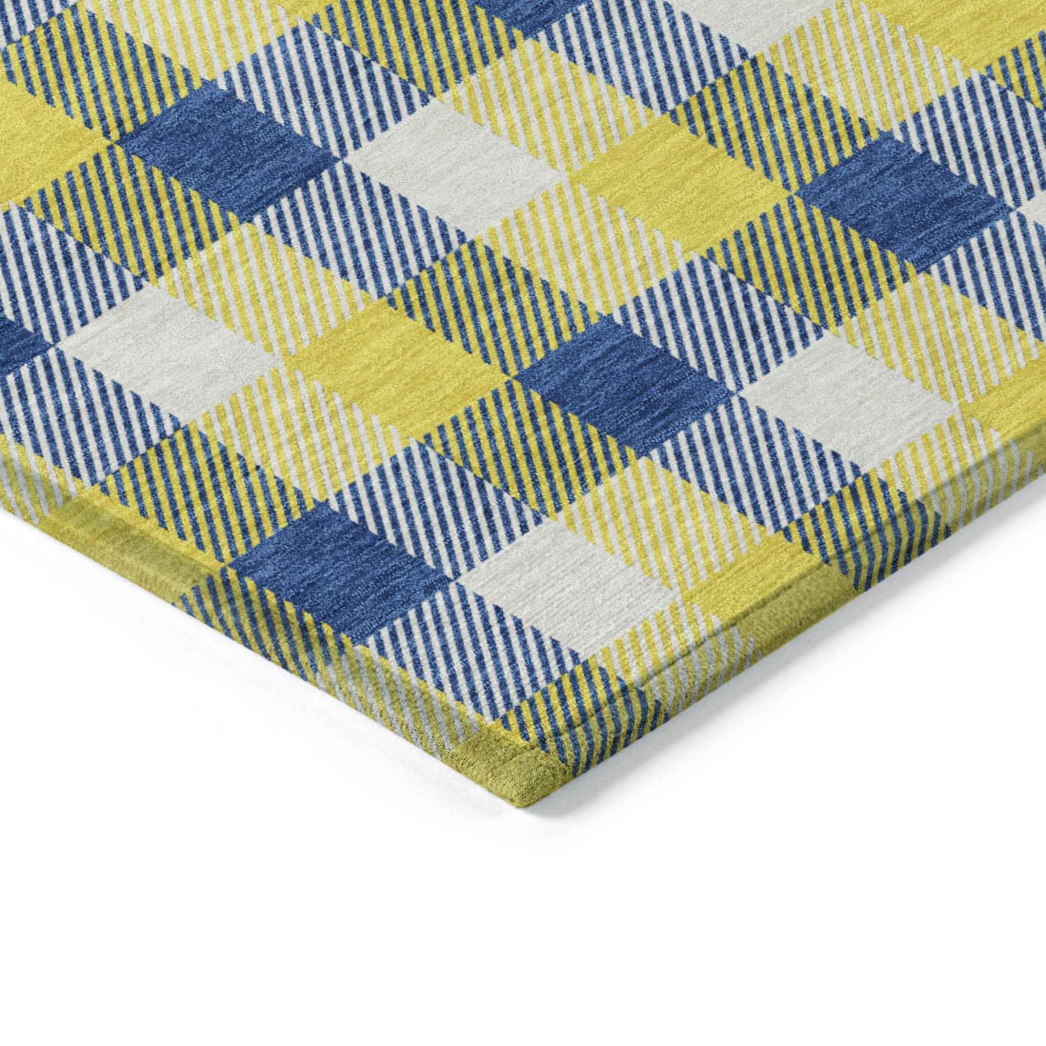3' X 5' Yellow Blue And Beige Plaid Washable Indoor Outdoor Area Rug