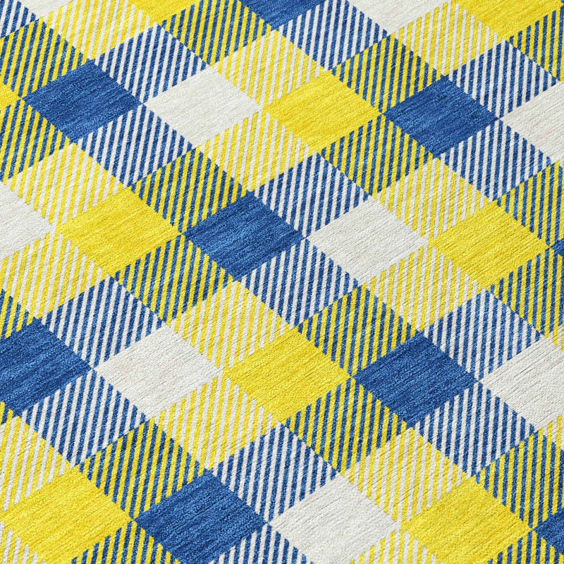 3' X 5' Yellow Blue And Beige Plaid Washable Indoor Outdoor Area Rug