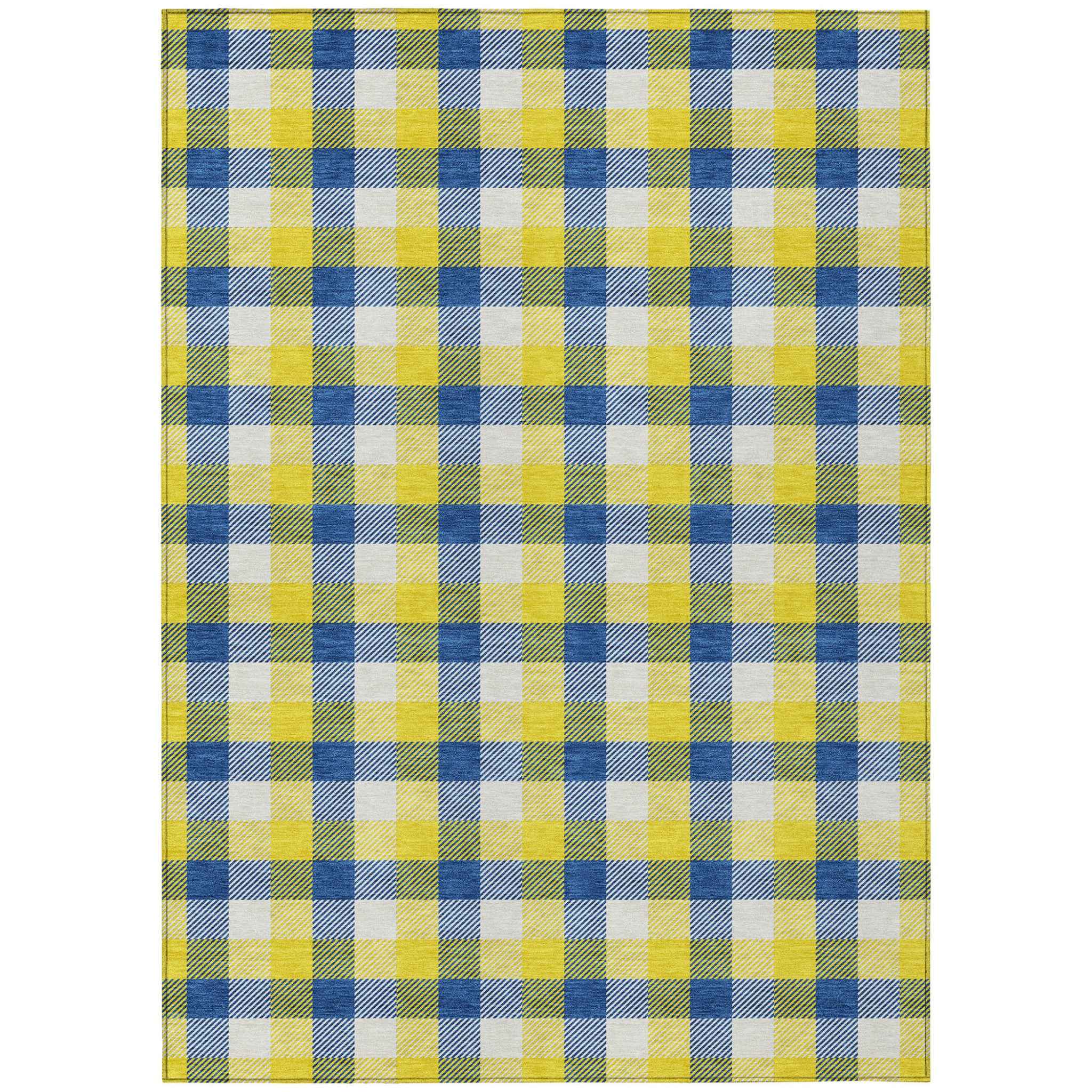 3' X 5' Yellow Blue And Beige Plaid Washable Indoor Outdoor Area Rug