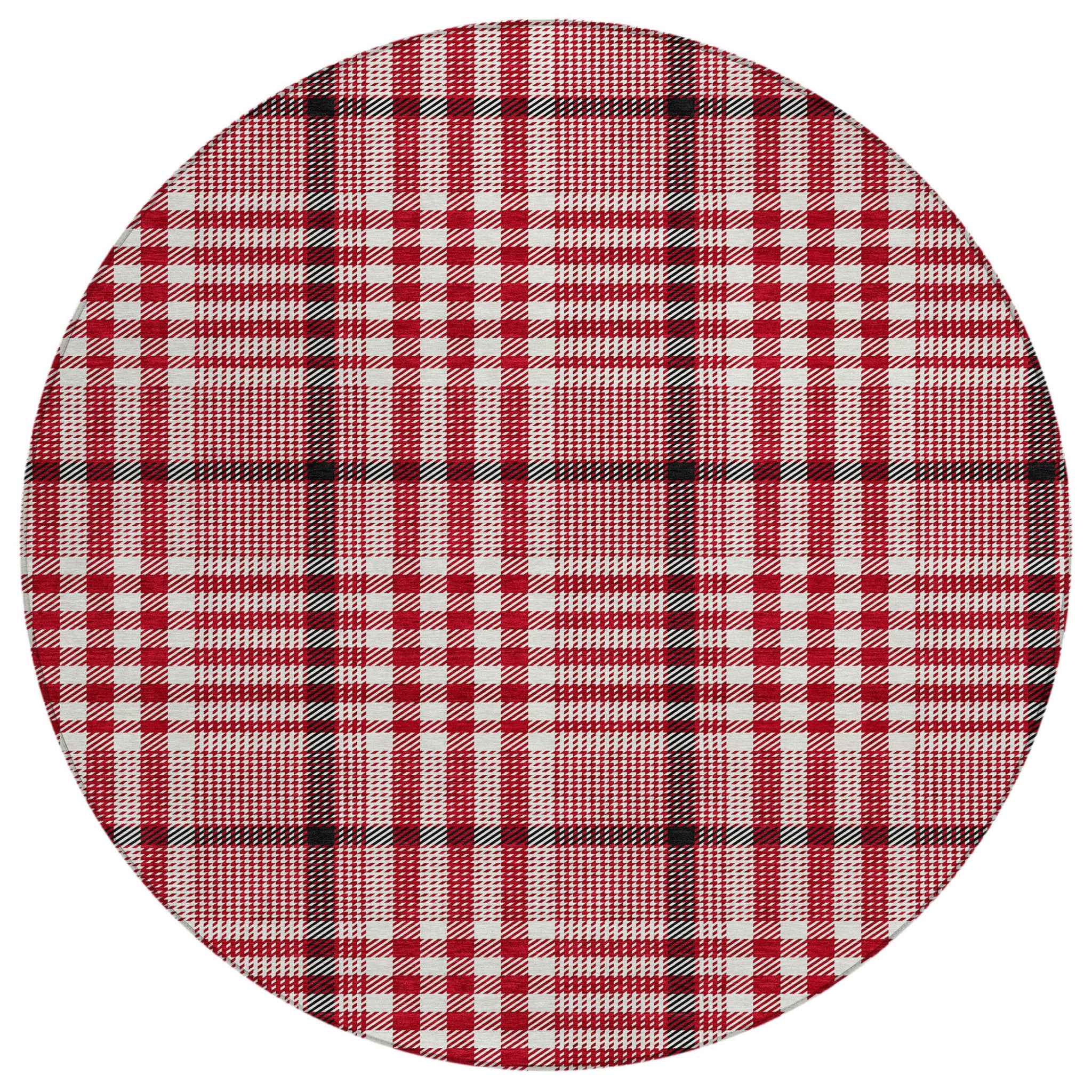 8' Red Black And Ivory Round Plaid Washable Indoor Outdoor Area Rug