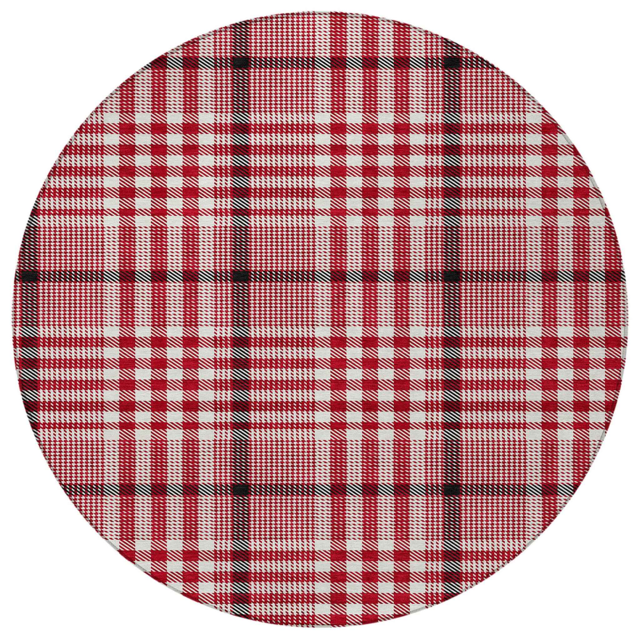 8' Red Black And Ivory Round Plaid Washable Indoor Outdoor Area Rug