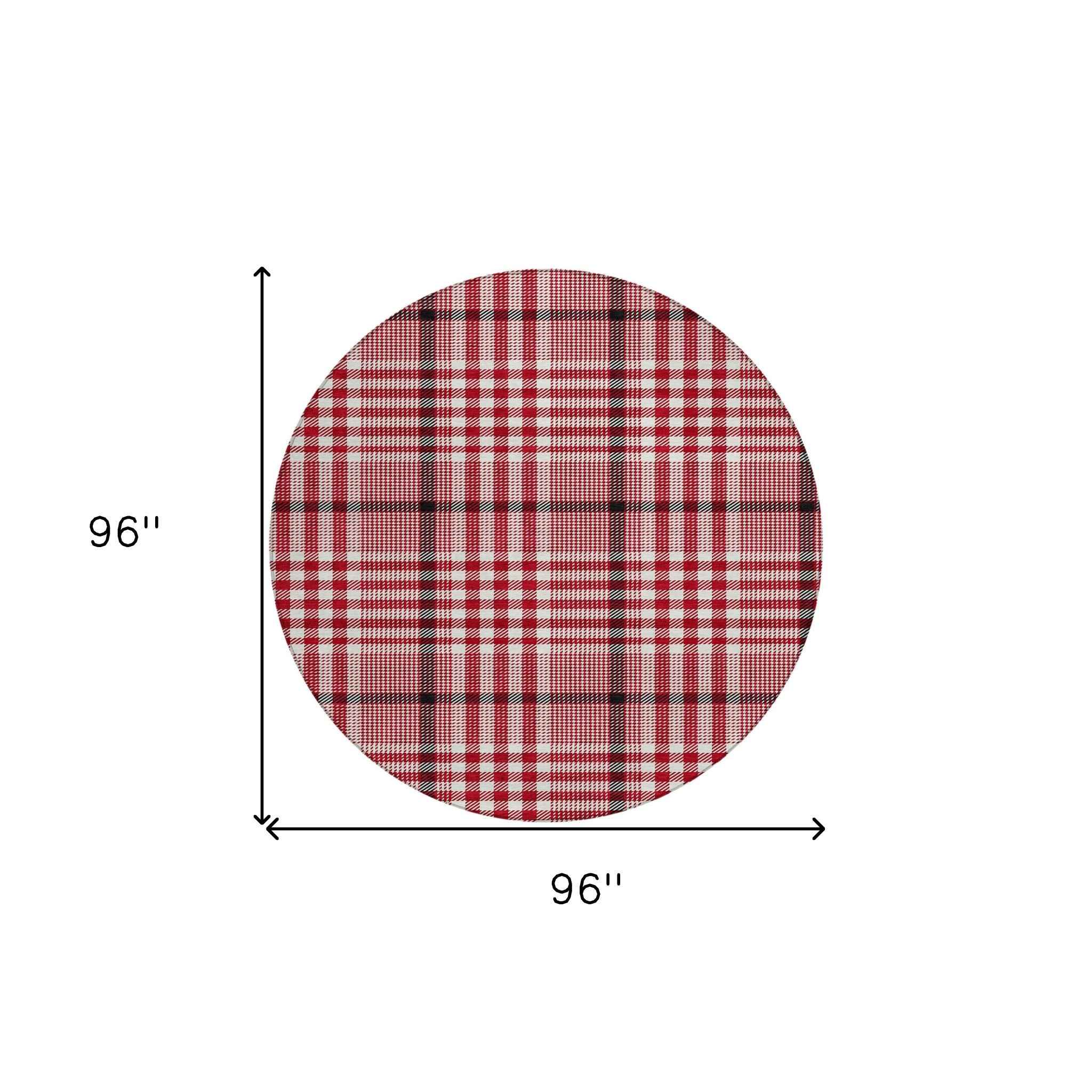8' Red Black And Ivory Round Plaid Washable Indoor Outdoor Area Rug