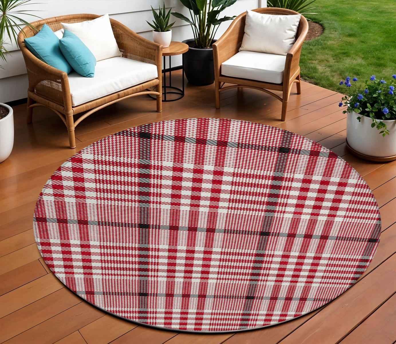 8' Red Black And Ivory Round Plaid Washable Indoor Outdoor Area Rug