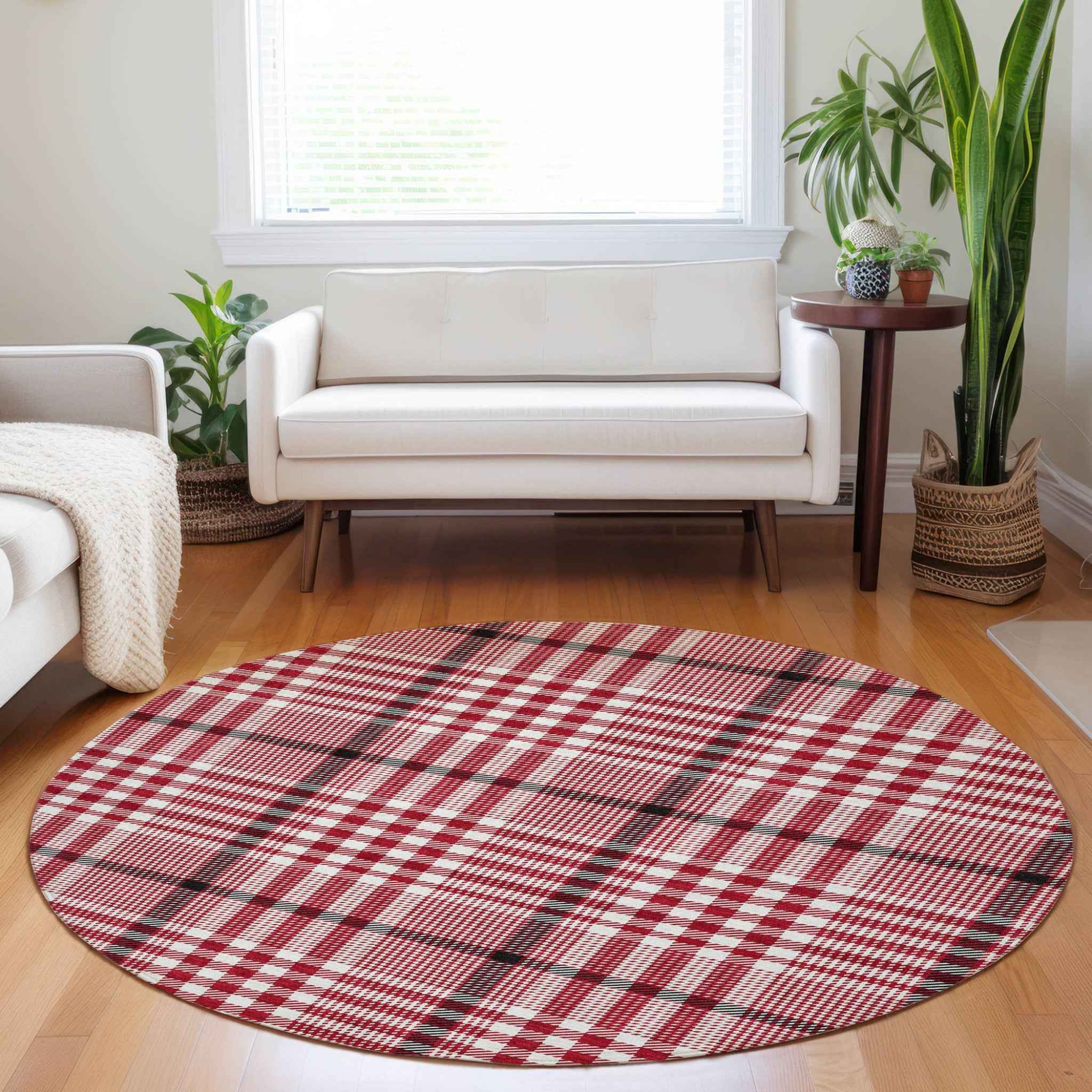 8' Red Black And Ivory Round Plaid Washable Indoor Outdoor Area Rug