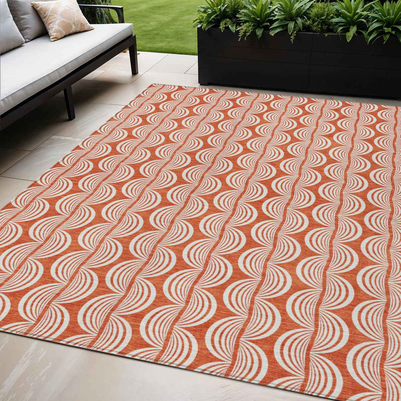 5' X 8' Coral And Beige Ogee Washable Indoor Outdoor Area Rug