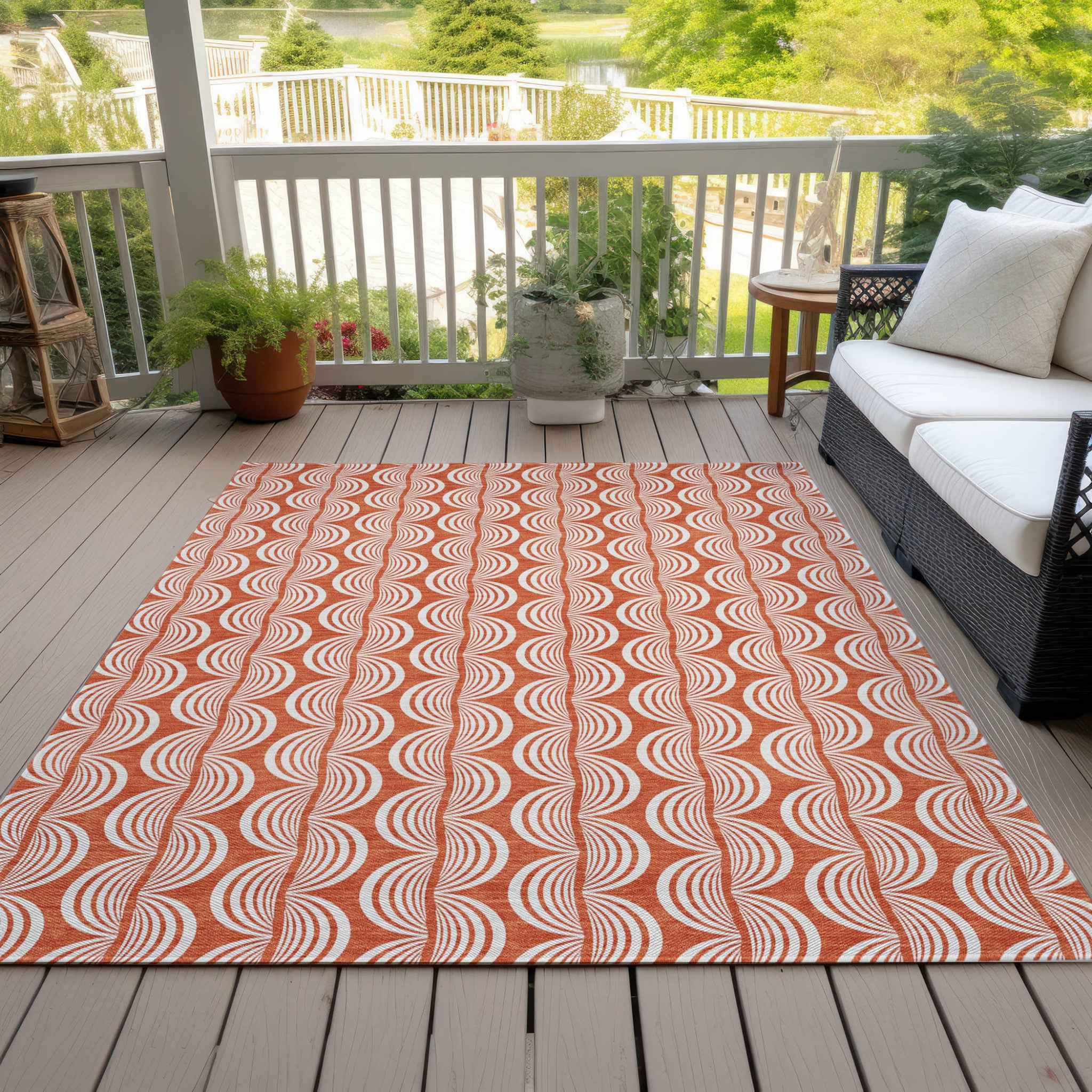 5' X 8' Coral And Beige Ogee Washable Indoor Outdoor Area Rug