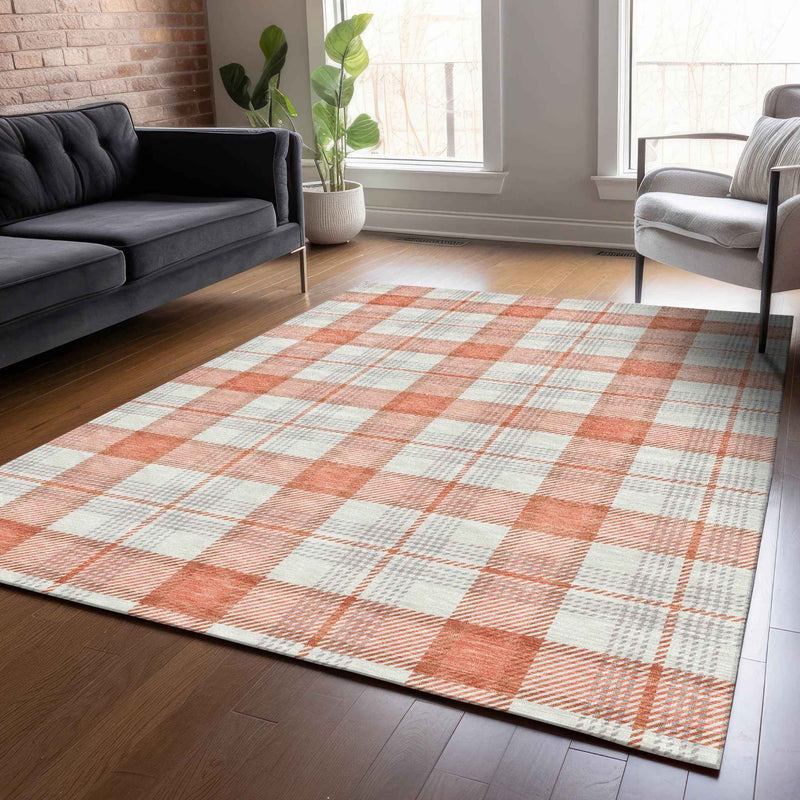 10' X 14' Coral And Beige Plaid Washable Indoor Outdoor Area Rug