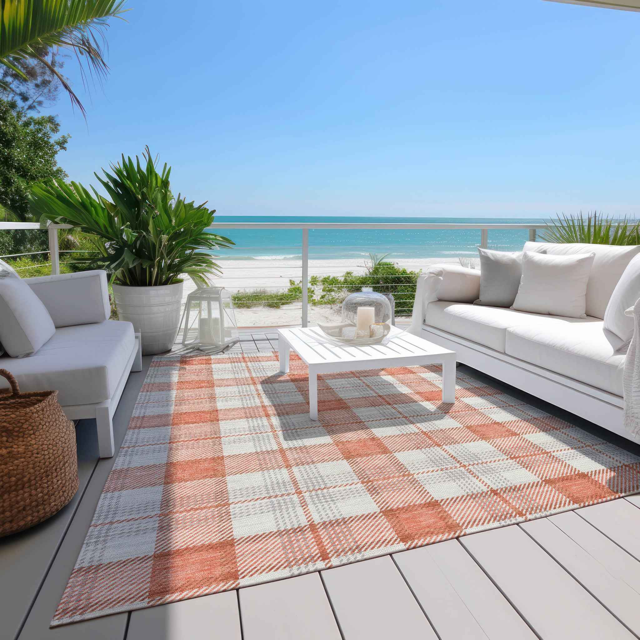 10' X 14' Coral And Beige Plaid Washable Indoor Outdoor Area Rug