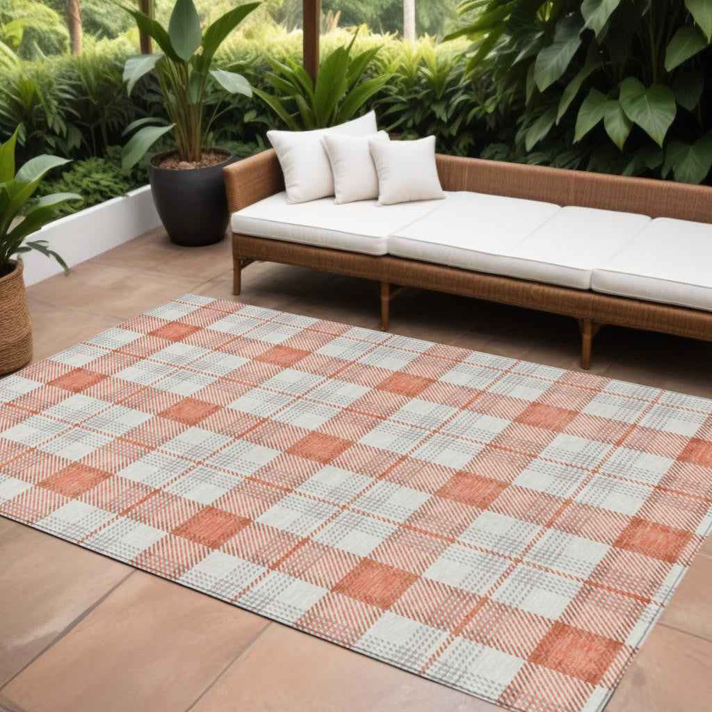 10' X 14' Coral And Beige Plaid Washable Indoor Outdoor Area Rug