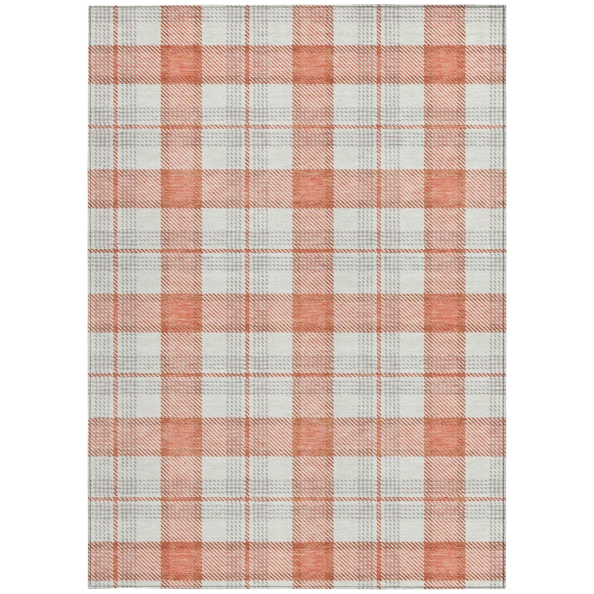 10' X 14' Coral And Beige Plaid Washable Indoor Outdoor Area Rug