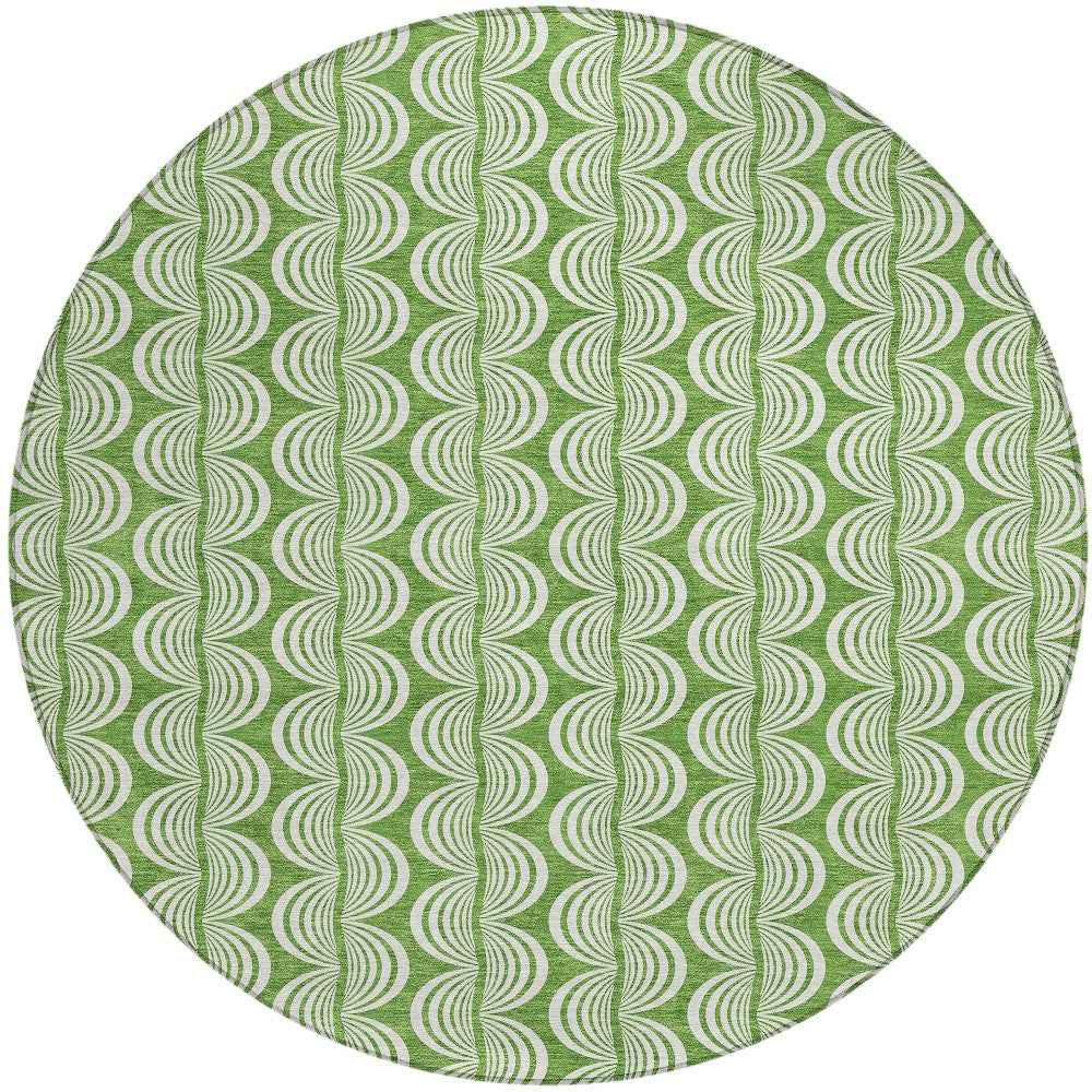 8' Green And Ivory Round Ogee Washable Indoor Outdoor Area Rug