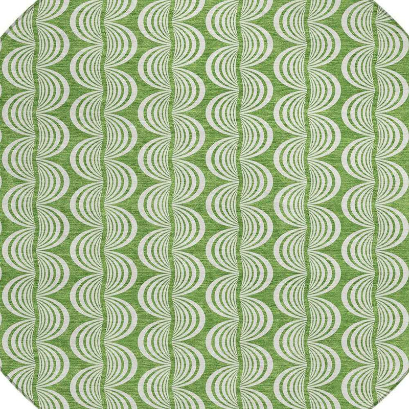 8' Green And Ivory Round Ogee Washable Indoor Outdoor Area Rug