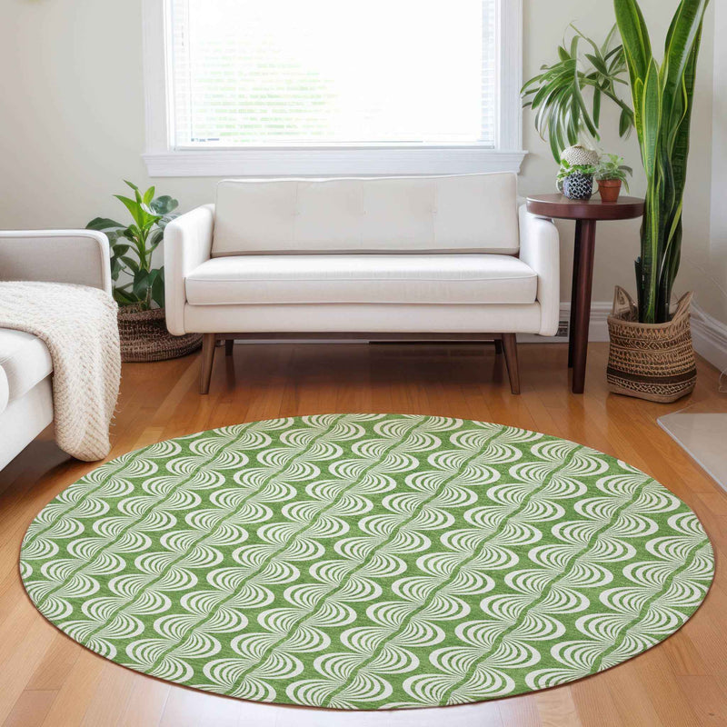 8' Green And Ivory Round Ogee Washable Indoor Outdoor Area Rug