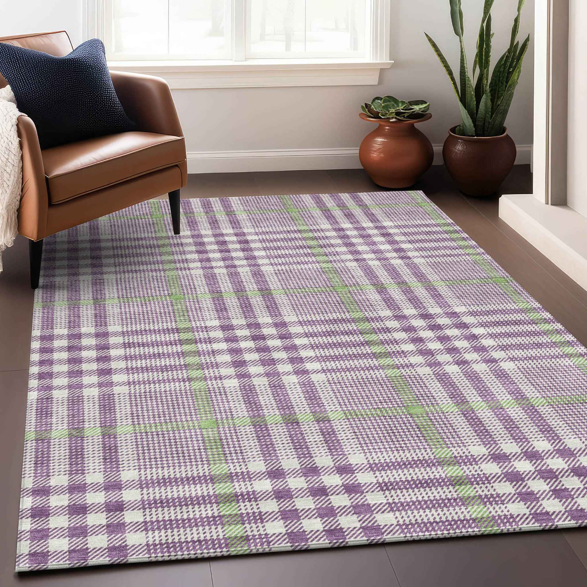 8' X 10' Purple Green And Ivory Plaid Washable Indoor Outdoor Area Rug