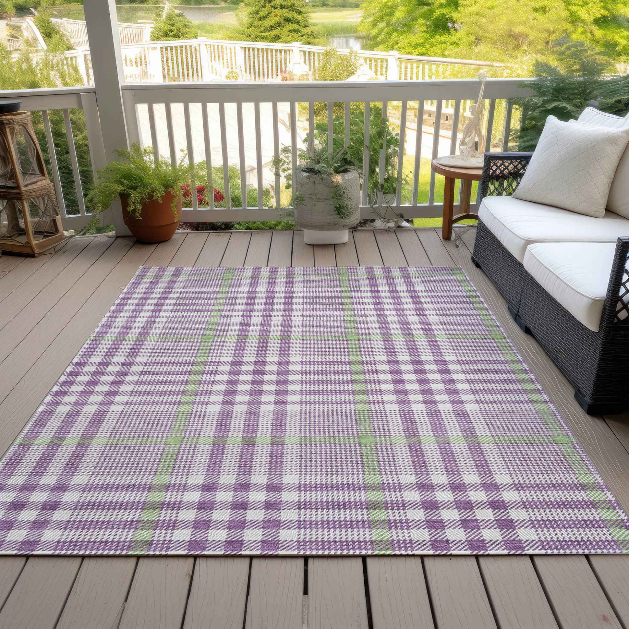 8' X 10' Purple Green And Ivory Plaid Washable Indoor Outdoor Area Rug