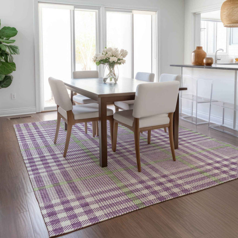 8' X 10' Purple Green And Ivory Plaid Washable Indoor Outdoor Area Rug
