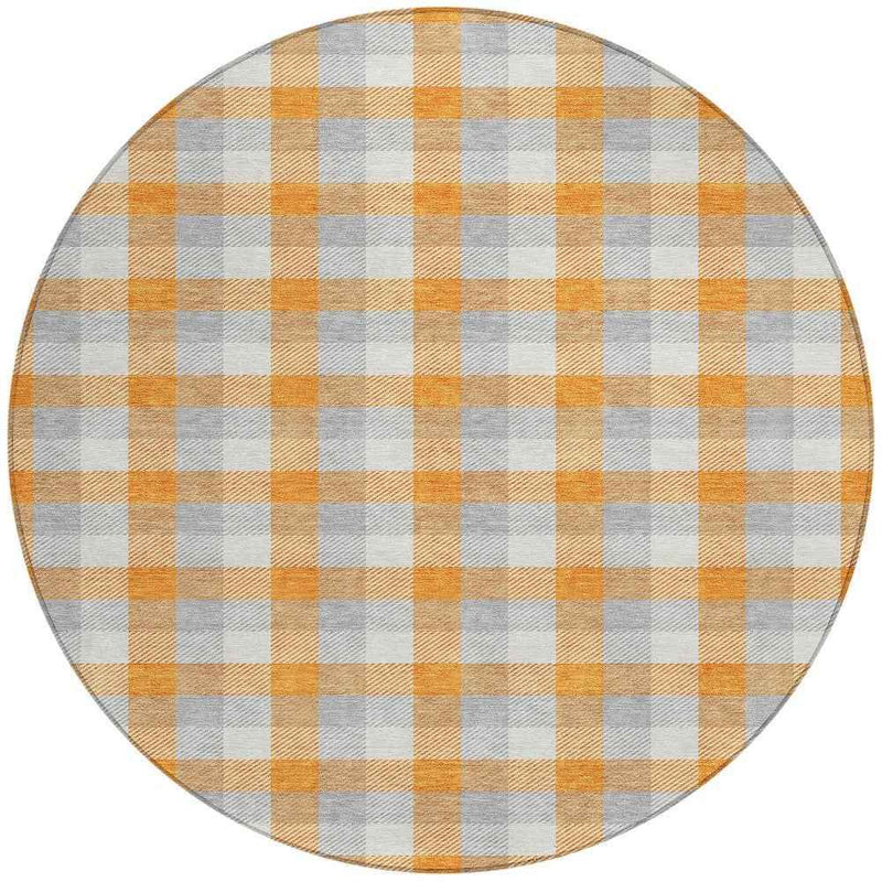 8' Orange Gray And Beige Round Plaid Washable Indoor Outdoor Area Rug