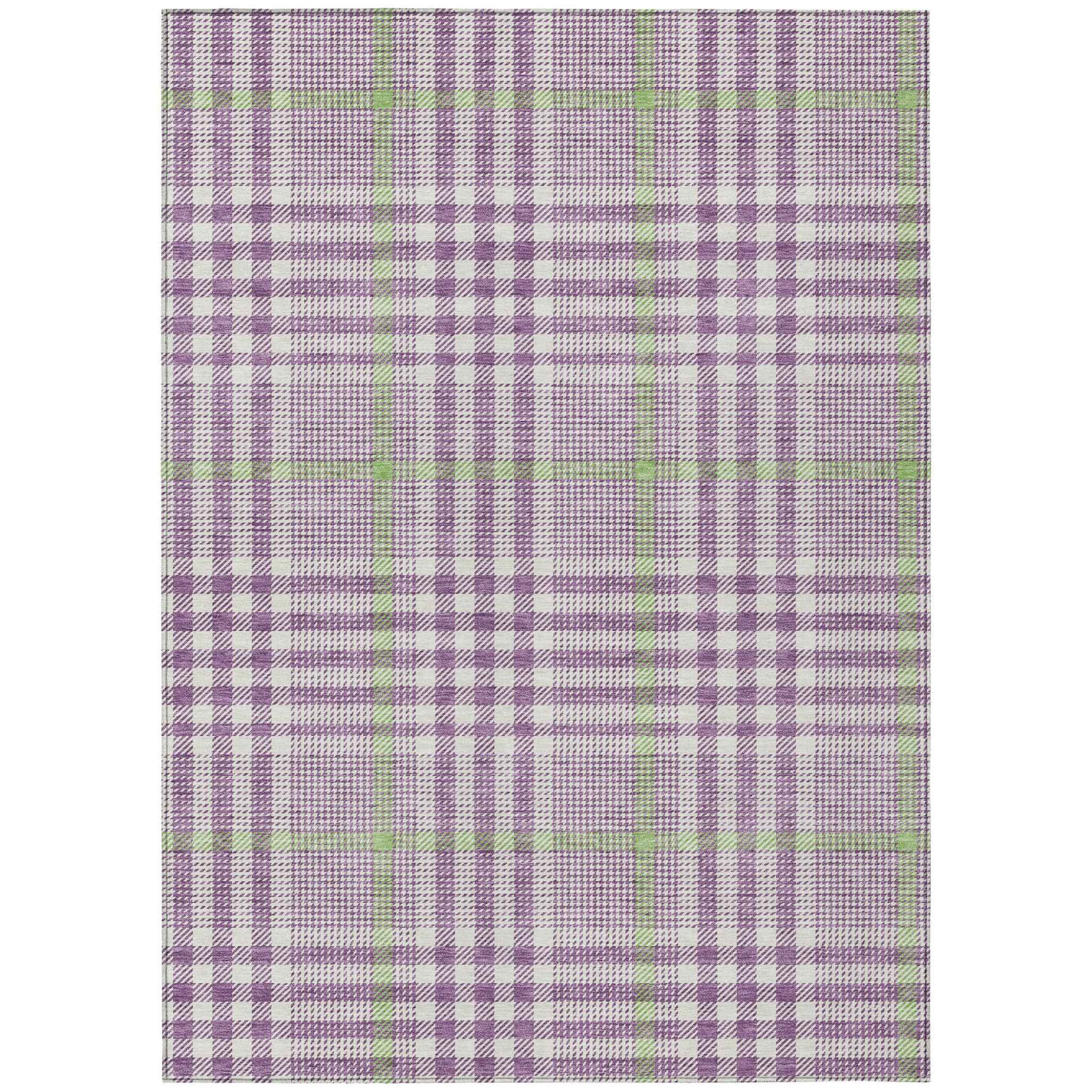 8' X 10' Purple Green And Ivory Plaid Washable Indoor Outdoor Area Rug