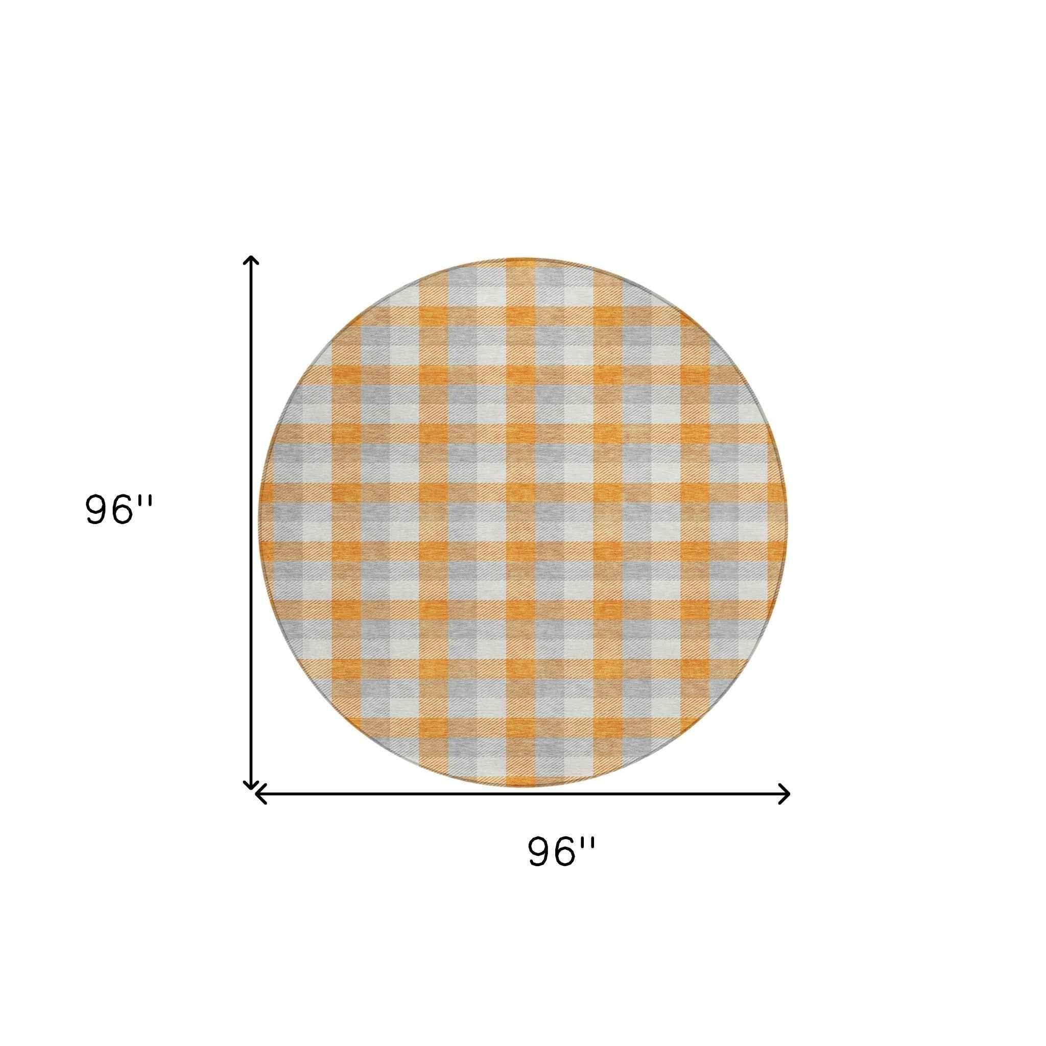 8' Orange Gray And Beige Round Plaid Washable Indoor Outdoor Area Rug