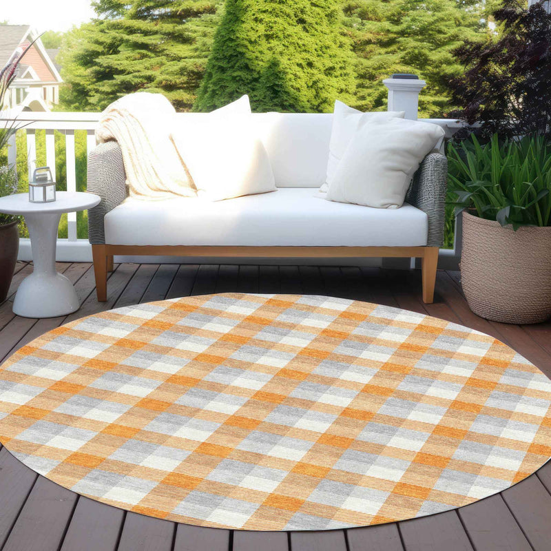 8' Orange Gray And Beige Round Plaid Washable Indoor Outdoor Area Rug