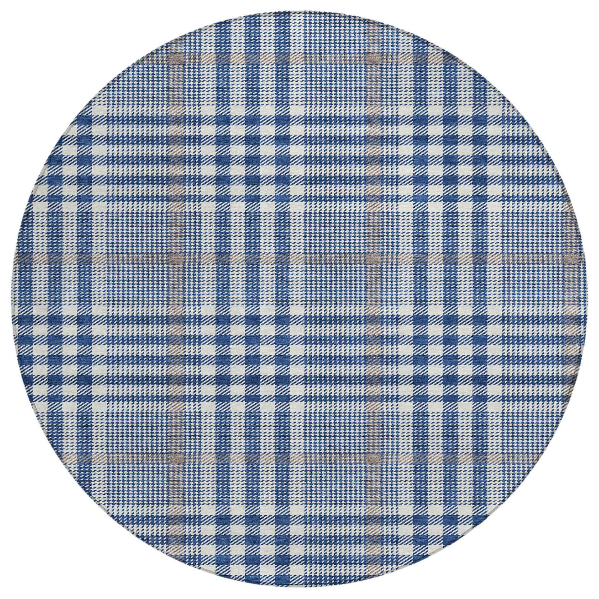 8' Navy Blue Ivory And Brown Round Plaid Washable Indoor Outdoor Area Rug