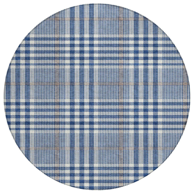8' Navy Blue Ivory And Brown Round Plaid Washable Indoor Outdoor Area Rug