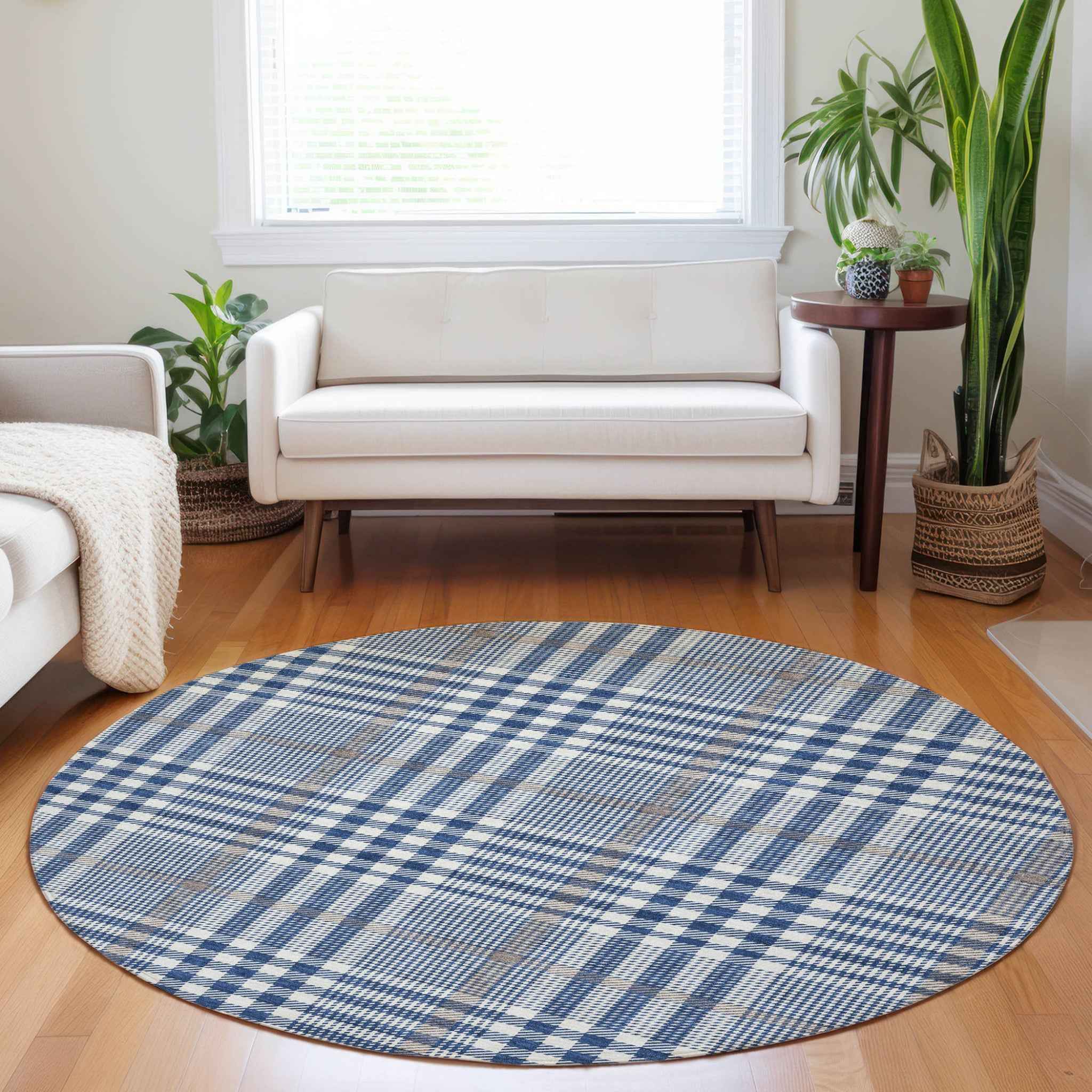 8' Navy Blue Ivory And Brown Round Plaid Washable Indoor Outdoor Area Rug