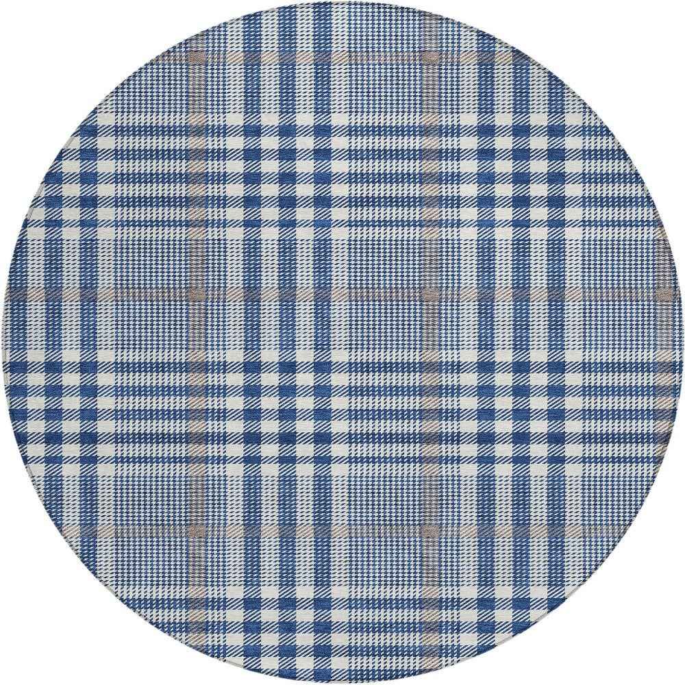 8' Navy Blue Ivory And Brown Round Plaid Washable Indoor Outdoor Area Rug
