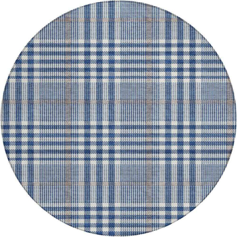 8' Navy Blue Ivory And Brown Round Plaid Washable Indoor Outdoor Area Rug