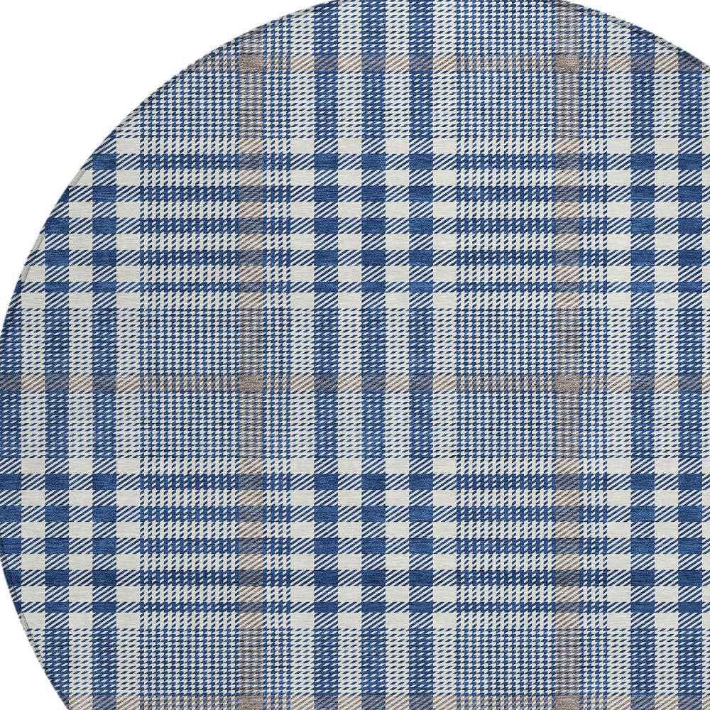 8' Navy Blue Ivory And Brown Round Plaid Washable Indoor Outdoor Area Rug
