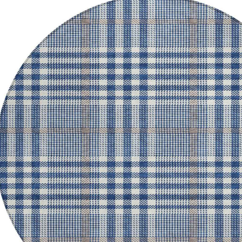 8' Navy Blue Ivory And Brown Round Plaid Washable Indoor Outdoor Area Rug
